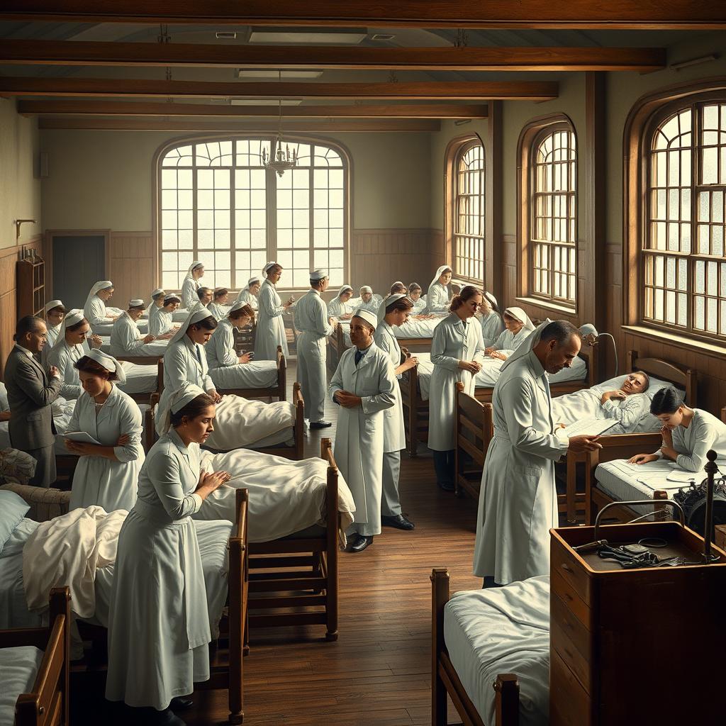 A historical depiction of a bustling hospital scene from the early 20th century, showcasing doctors and nurses in vintage white uniforms attending to patients