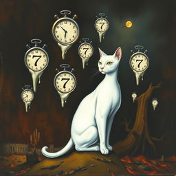 A surreal artwork inspired by Salvador Dali's 'The Persistence of Memory' featuring a striking, sharp-drawn white cat amidst a dark-toned landscape