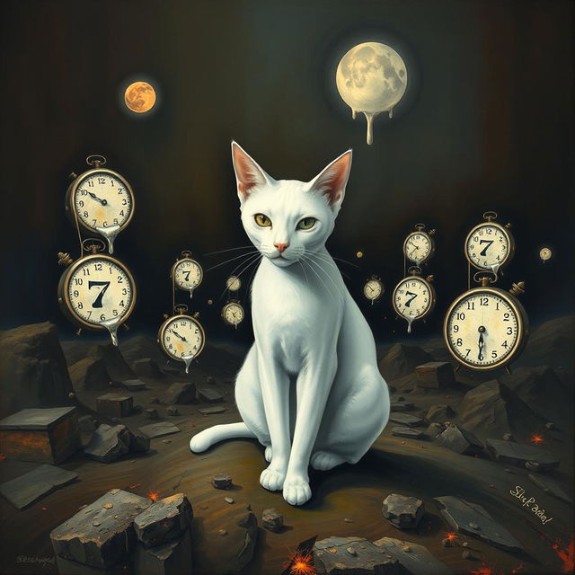 A surreal artwork inspired by Salvador Dali's 'The Persistence of Memory' featuring a striking, sharp-drawn white cat amidst a dark-toned landscape