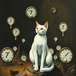 A surreal artwork inspired by Salvador Dali's 'The Persistence of Memory' featuring a striking, sharp-drawn white cat amidst a dark-toned landscape