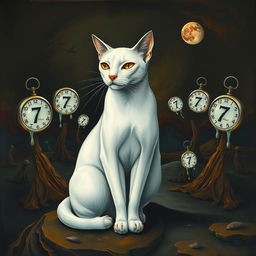 A surreal artwork inspired by Salvador Dali's 'The Persistence of Memory' featuring a striking, sharp-drawn white cat amidst a dark-toned landscape