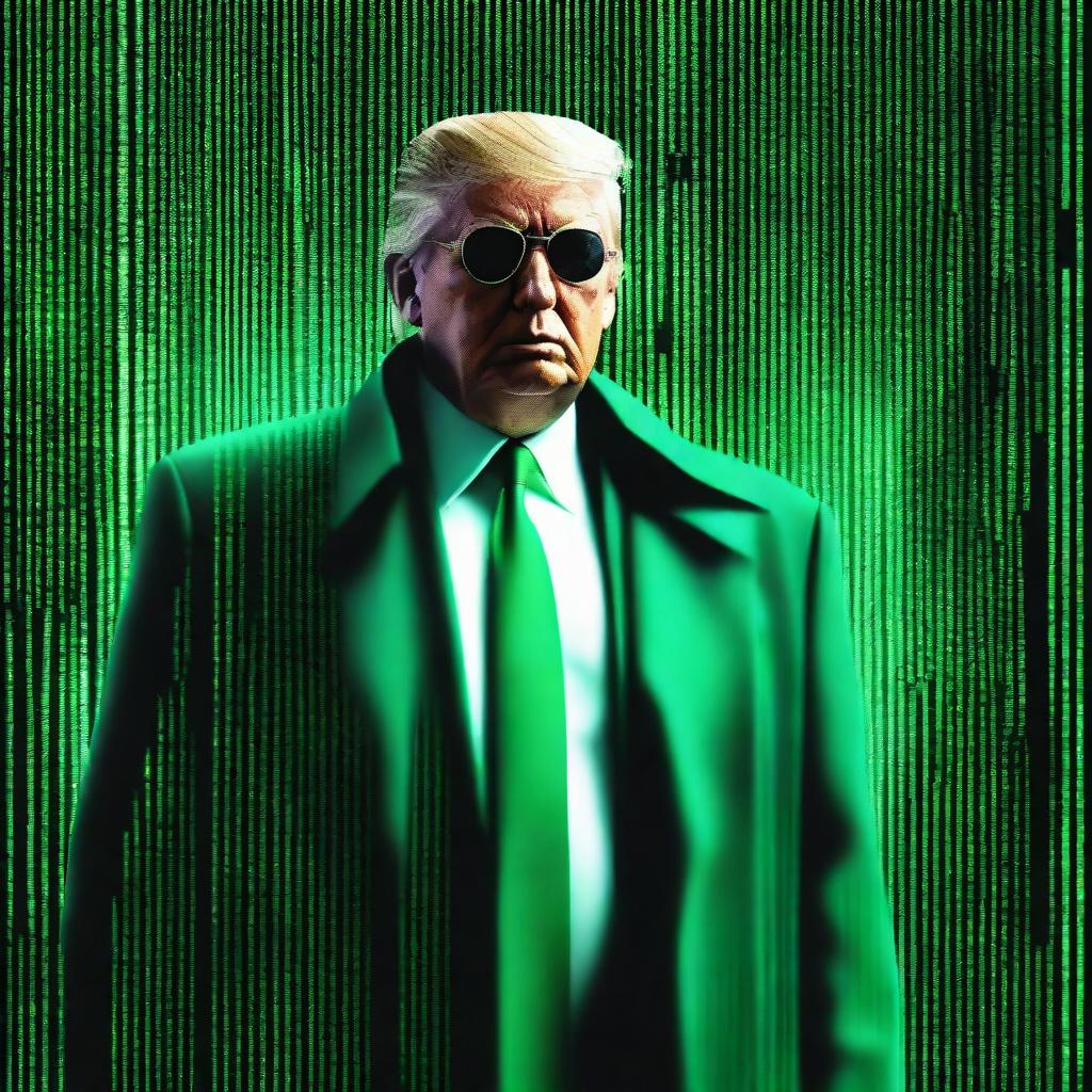 An exceptional quality, digital art image of Donald Trump in the style of an NFT, themed around The Matrix