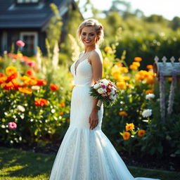 A beautiful Dutch bride dressed in a stunning striped wedding gown, featuring intricate lace and a flowing train