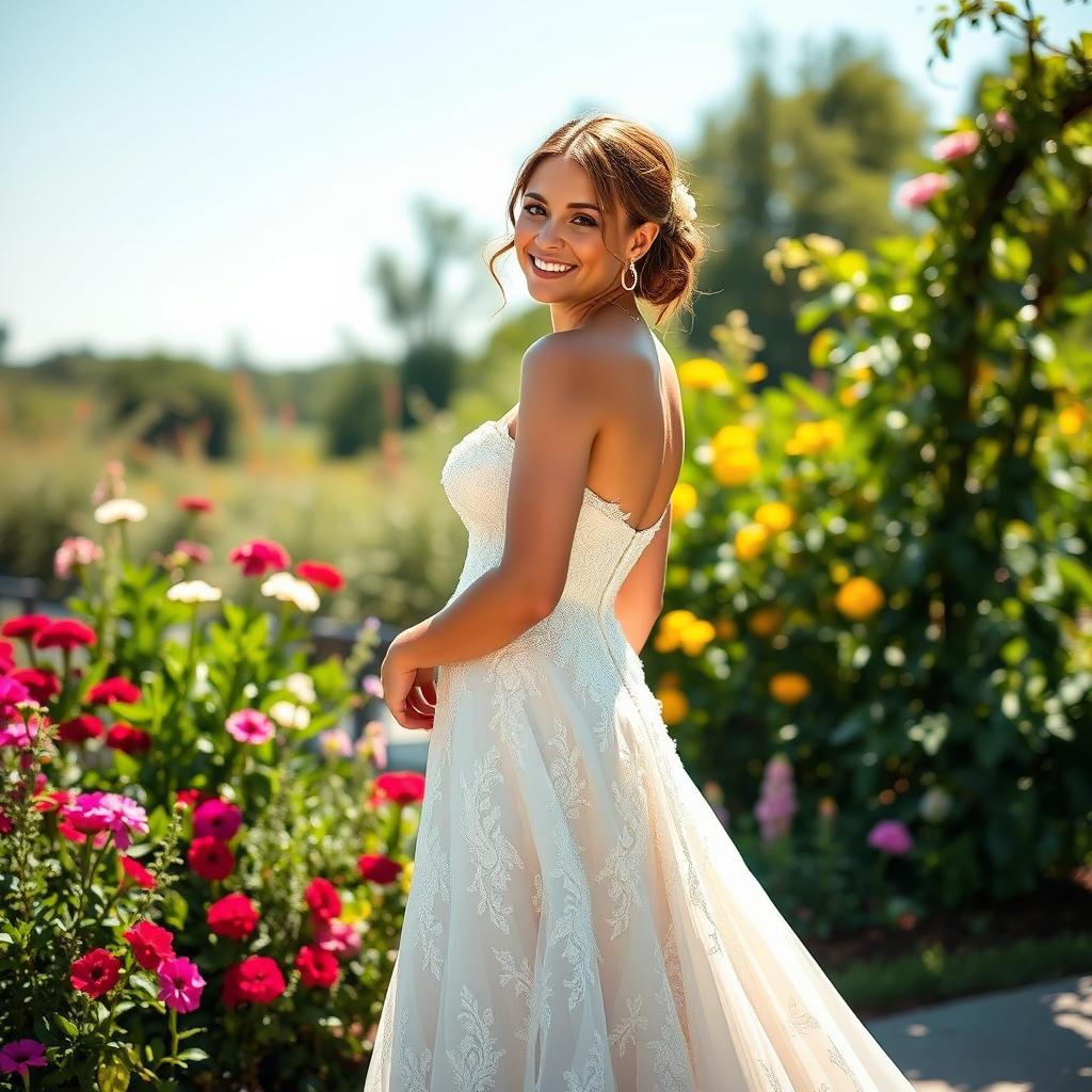 A beautiful Dutch bride dressed in a stunning striped wedding gown, featuring intricate lace and a flowing train