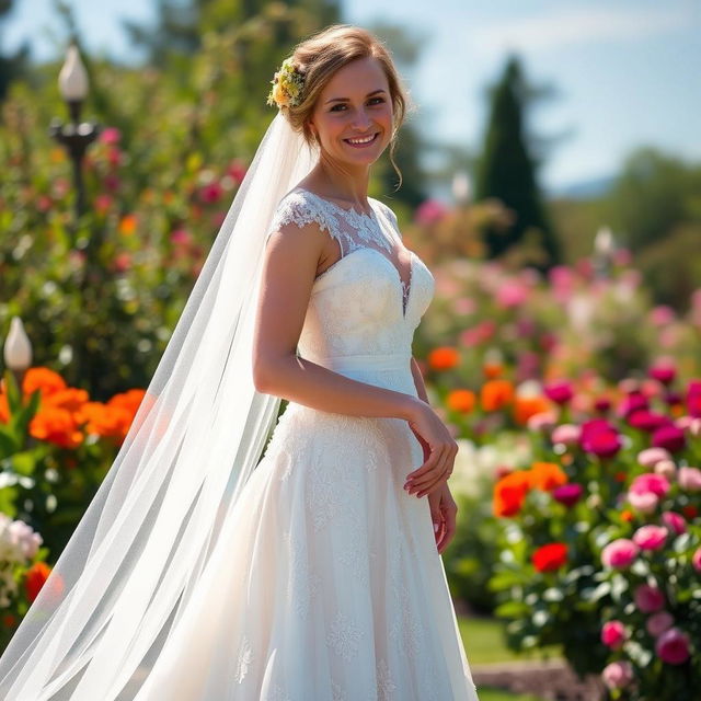 A beautiful Dutch bride dressed in a stunning striped wedding gown, featuring intricate lace and a flowing train