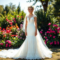 A beautiful Dutch bride dressed in a stunning striped wedding gown, featuring intricate lace and a flowing train