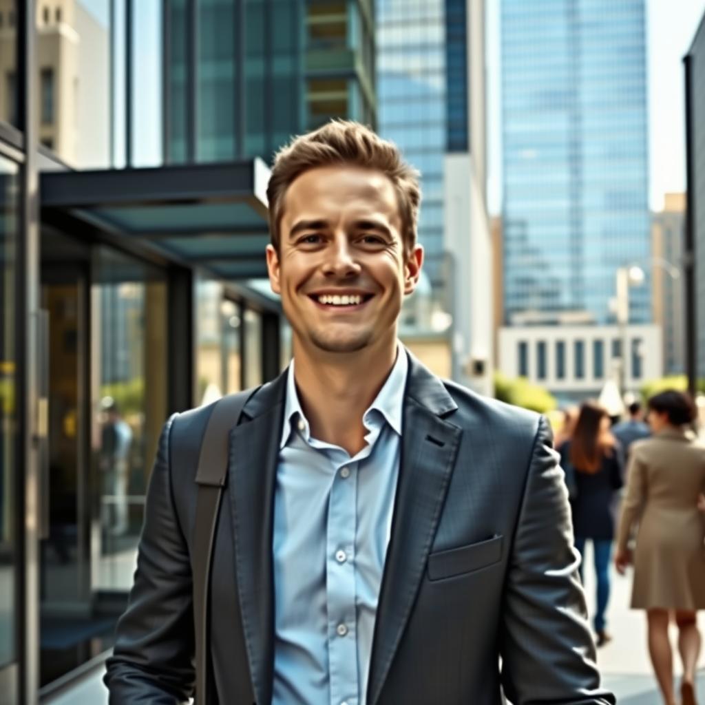 A man going to a job interview, confidently smiling as he approaches the office building