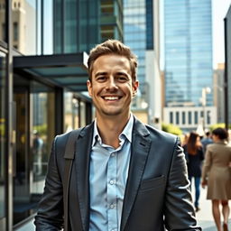 A man going to a job interview, confidently smiling as he approaches the office building