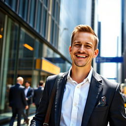 A man going to a job interview, confidently smiling as he approaches the office building