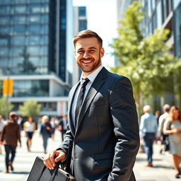 A man going to a job interview, confidently smiling as he approaches the office building