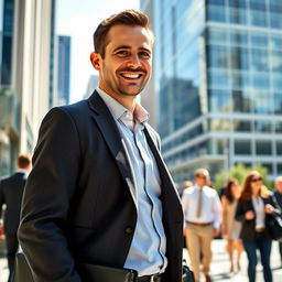 A man going to a job interview, confidently smiling as he approaches the office building