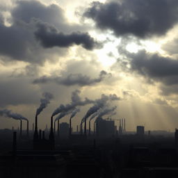 A dramatic and evocative scene showcasing a skyline of London dominated by numerous chimneys, each spewing thick plumes of black smoke into the overcast sky