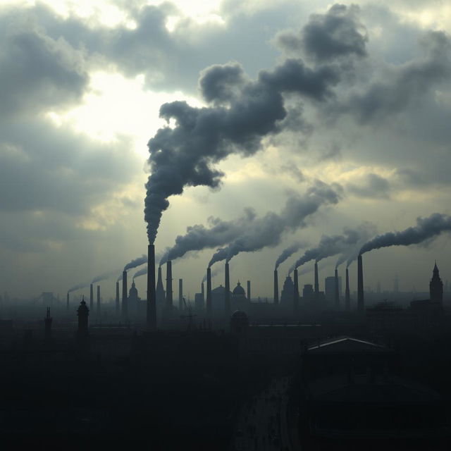 A dramatic and evocative scene showcasing a skyline of London dominated by numerous chimneys, each spewing thick plumes of black smoke into the overcast sky