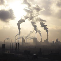 A dramatic and evocative scene showcasing a skyline of London dominated by numerous chimneys, each spewing thick plumes of black smoke into the overcast sky