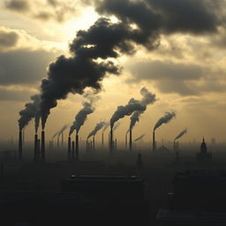 A dramatic and evocative scene showcasing a skyline of London dominated by numerous chimneys, each spewing thick plumes of black smoke into the overcast sky