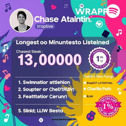 A vibrant and trendy Spotify Wrapped picture, showcasing various statistics in a colorful layout