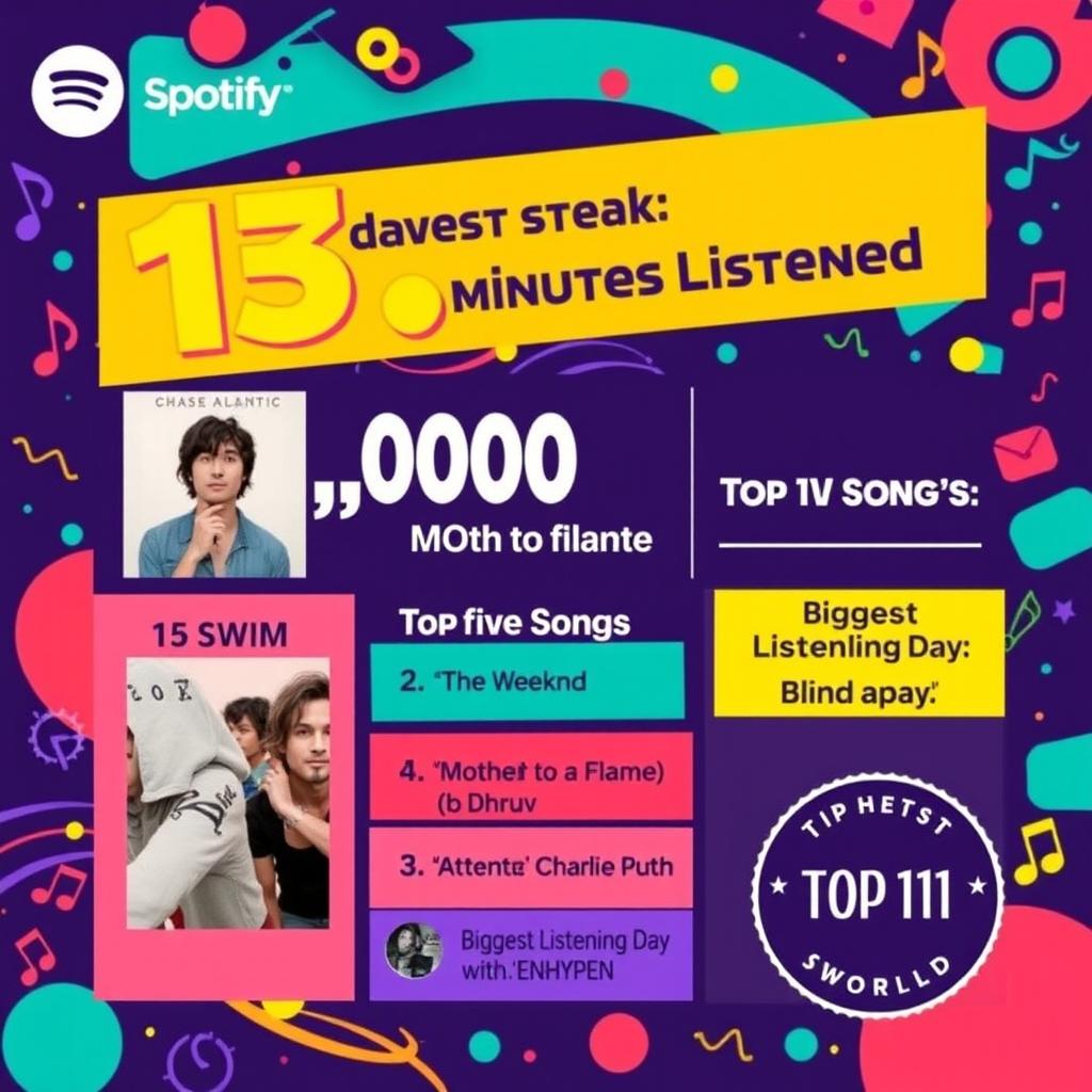 A vibrant and trendy Spotify Wrapped picture, showcasing various statistics in a colorful layout