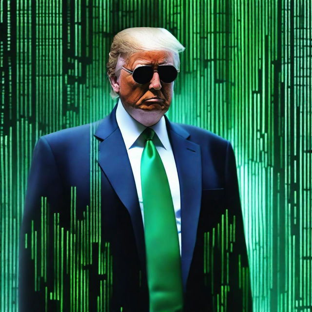 An exceptional quality, digital art image of Donald Trump in the style of an NFT, themed around The Matrix