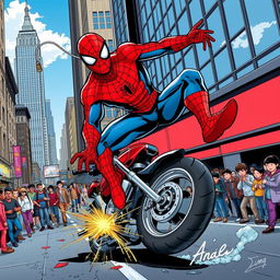 A dramatic scene featuring Spider-Man, in his classic red and blue suit, having a motorcycle accident