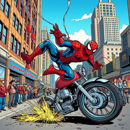 A dramatic scene featuring Spider-Man, in his classic red and blue suit, having a motorcycle accident