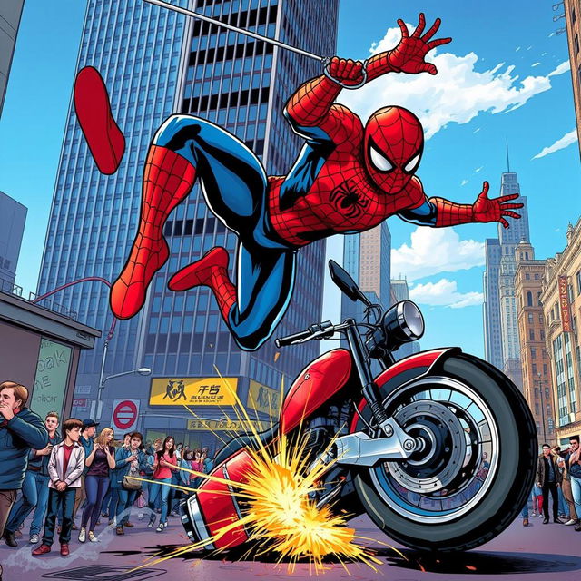 A dramatic scene featuring Spider-Man, in his classic red and blue suit, having a motorcycle accident