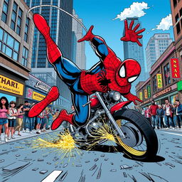 A dramatic scene featuring Spider-Man, in his classic red and blue suit, having a motorcycle accident