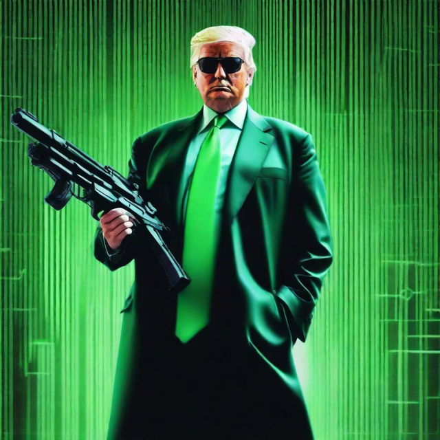 An exceptional quality, digital art image of Donald Trump in the style of an NFT, combining themes from The Matrix and Rambo