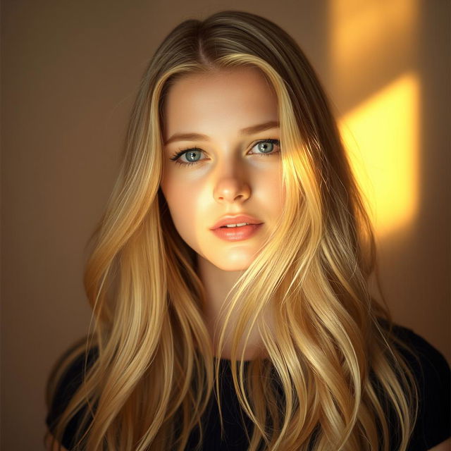 A captivating image featuring a portrait of a person with long, flowing blonde hair, illuminated by a soft, warm light