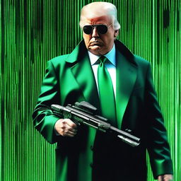 An exceptional quality, digital art image of Donald Trump in the style of an NFT, combining themes from The Matrix and Rambo