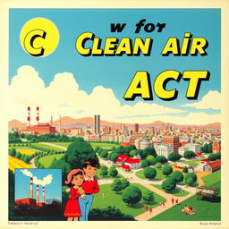 A vibrant and striking vintage poster from the 1950s advocating for the Clean Air Act, showcasing bold artwork and retro typography
