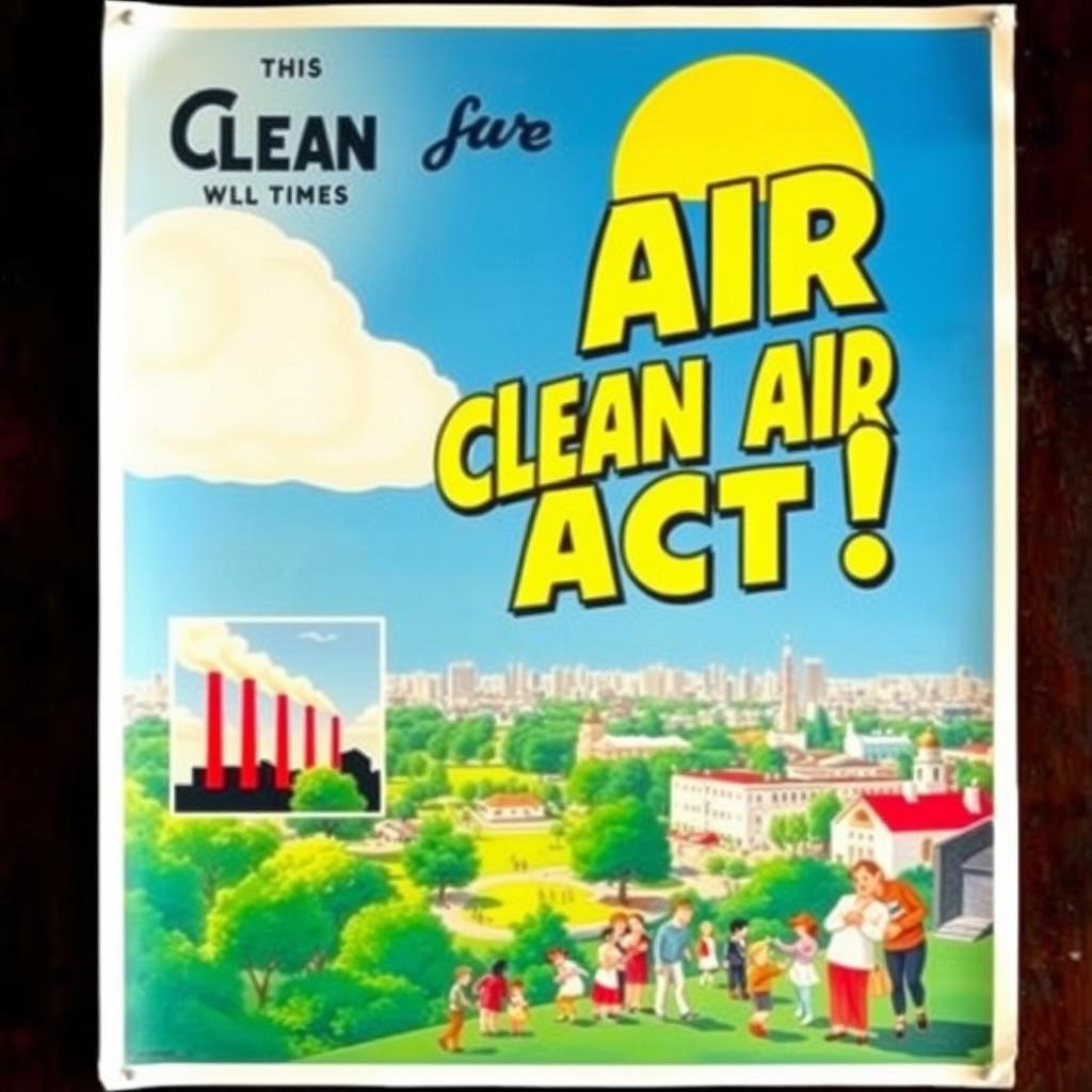 A vibrant and striking vintage poster from the 1950s advocating for the Clean Air Act, showcasing bold artwork and retro typography