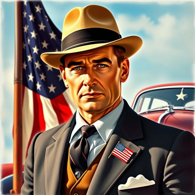 A portrait of Stepan Bandera reimagined as an American figure, dressed in a stylish 1950s American outfit, complete with a fedora hat and a tailored suit