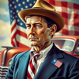 A portrait of Stepan Bandera reimagined as an American figure, dressed in a stylish 1950s American outfit, complete with a fedora hat and a tailored suit