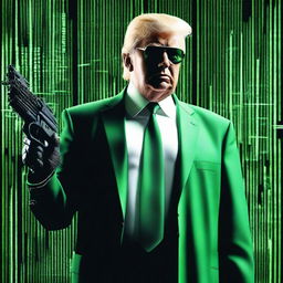 An exceptional quality, digital art image of Donald Trump in the style of an NFT, combining themes from The Matrix and Rambo