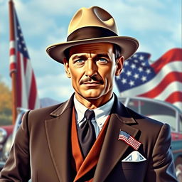 A portrait of Stepan Bandera reimagined as an American figure, dressed in a stylish 1950s American outfit, complete with a fedora hat and a tailored suit