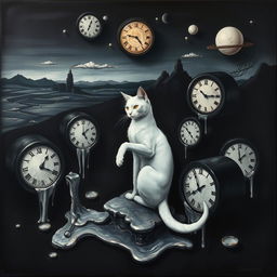 A surreal painting inspired by Salvador Dali's 'The Persistence of Memory' featuring melting clocks symbolizing the fluid nature of time, depicted in sharp, angular styles