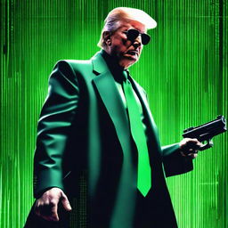 An exceptional quality, digital art image of Donald Trump in the style of an NFT, combining themes from The Matrix and Rambo