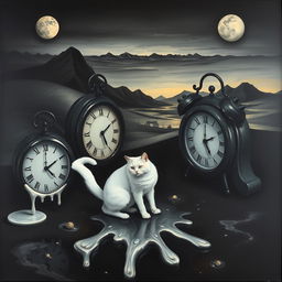 A surreal painting inspired by Salvador Dali's 'The Persistence of Memory' featuring melting clocks symbolizing the fluid nature of time, depicted in sharp, angular styles