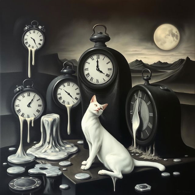 A surreal painting inspired by Salvador Dali's 'The Persistence of Memory' featuring melting clocks symbolizing the fluid nature of time, depicted in sharp, angular styles