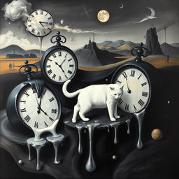 A surreal painting inspired by Salvador Dali's 'The Persistence of Memory' featuring melting clocks symbolizing the fluid nature of time, depicted in sharp, angular styles