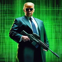 An outstanding digital art image of Donald Trump in the style of an NFT, combining elements from The Matrix, Rambo, and The Terminator