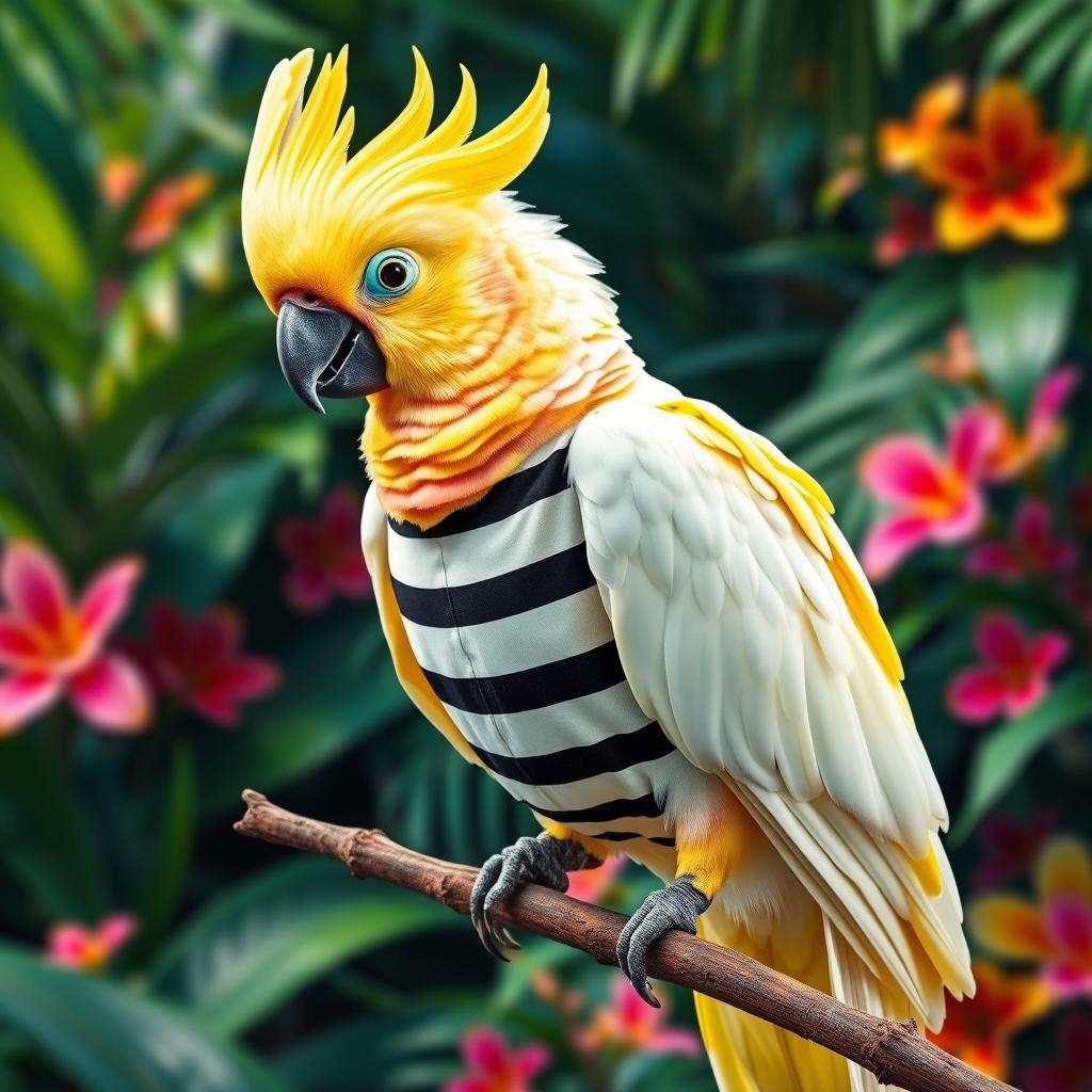 A vibrant and colorful cockatoo, known for its striking crest and elegant feathers, perched gracefully on a branch