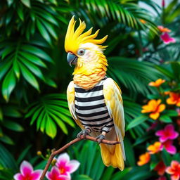 A vibrant and colorful cockatoo, known for its striking crest and elegant feathers, perched gracefully on a branch