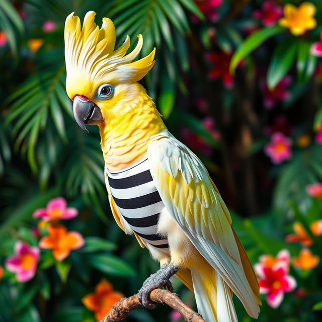 A vibrant and colorful cockatoo, known for its striking crest and elegant feathers, perched gracefully on a branch