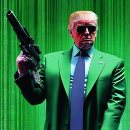 An outstanding digital art image of Donald Trump in the style of an NFT, combining elements from The Matrix, Rambo, and The Terminator