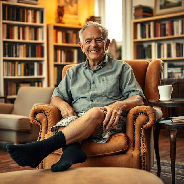 An elderly man sitting comfortably in a cozy, vintage armchair, wearing black socks paired with laid-back, patterned shorts and a casual button-up shirt