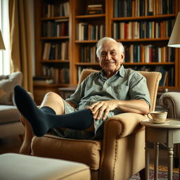 An elderly man sitting comfortably in a cozy, vintage armchair, wearing black socks paired with laid-back, patterned shorts and a casual button-up shirt