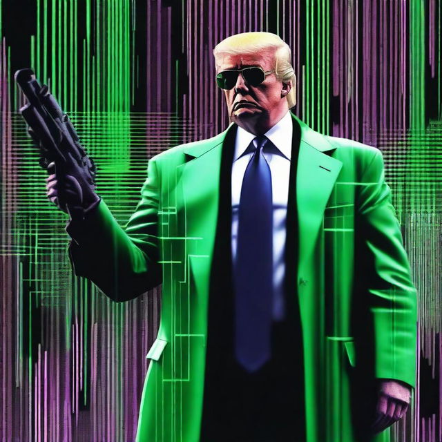 An outstanding digital art image of Donald Trump in the style of an NFT, combining elements from The Matrix, Rambo, and The Terminator