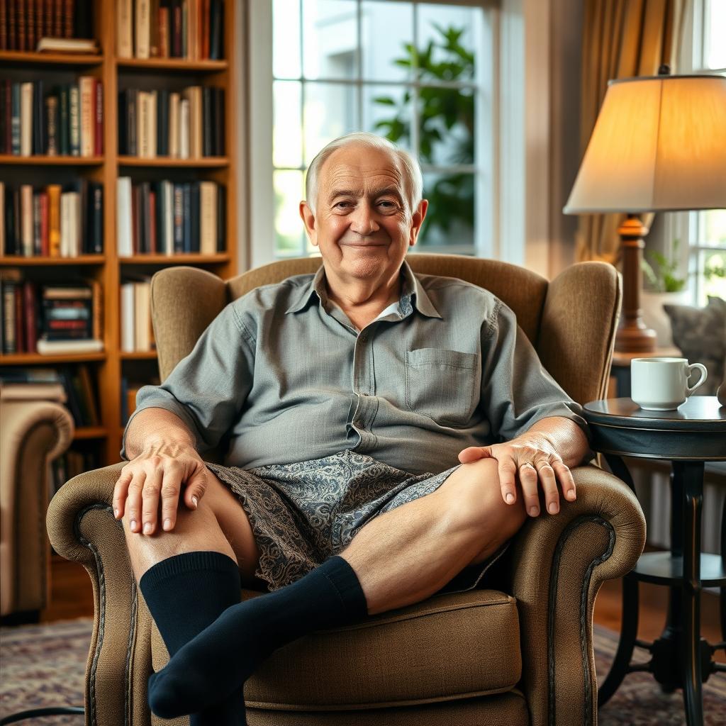 An elderly man sitting comfortably in a cozy, vintage armchair, wearing black socks paired with laid-back, patterned shorts and a casual button-up shirt