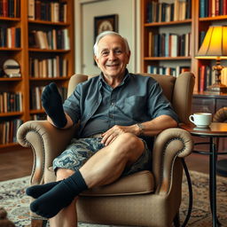 An elderly man sitting comfortably in a cozy, vintage armchair, wearing black socks paired with laid-back, patterned shorts and a casual button-up shirt